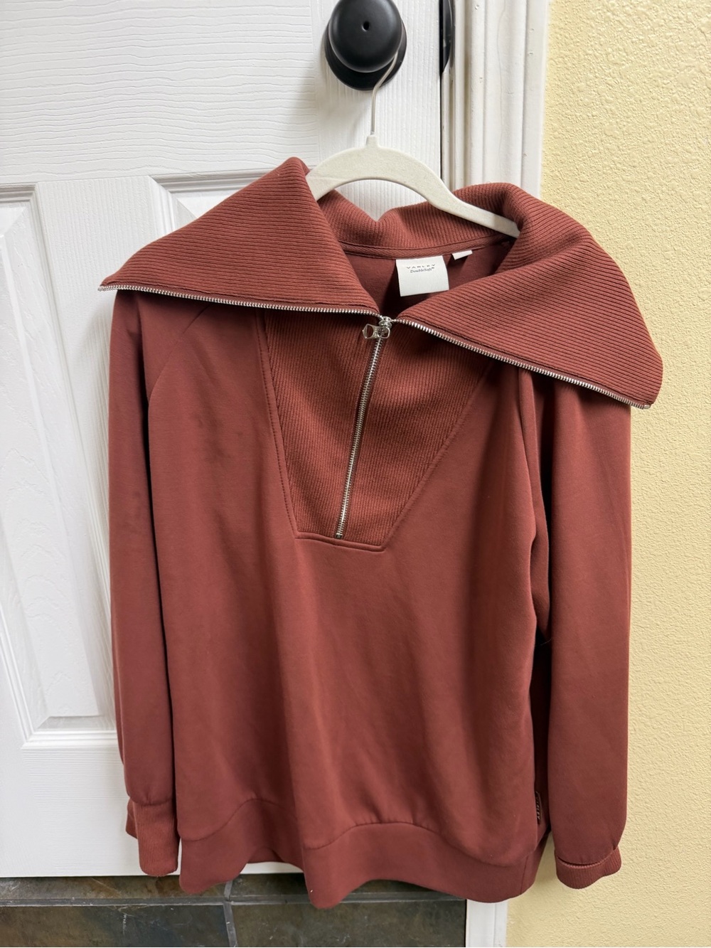 Varley Rust Zip-Front Funnel Neck Sweater